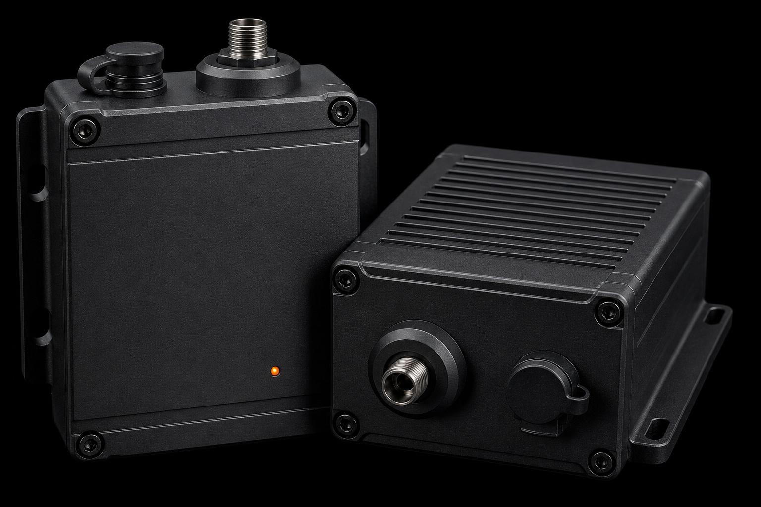 Pair of sealed matte black aluminium terminal enclosures with optical bulkhead port, antenna boss and status indicator